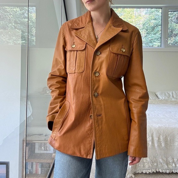 Vintage Jackets & Blazers - Vintage 100% leather cognac tan long line jacket small to medium euro 38